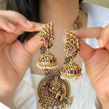 Load image into Gallery viewer, Krishna ji Kemp Stone peacock Statement long Temple Necklace set
