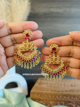 Load image into Gallery viewer, 14k gold plated Simple dainty earrings Ruby chandbali drops
