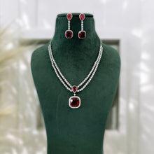 Load image into Gallery viewer, Ruby double line Designer Solitaire American Diamond Necklace set
