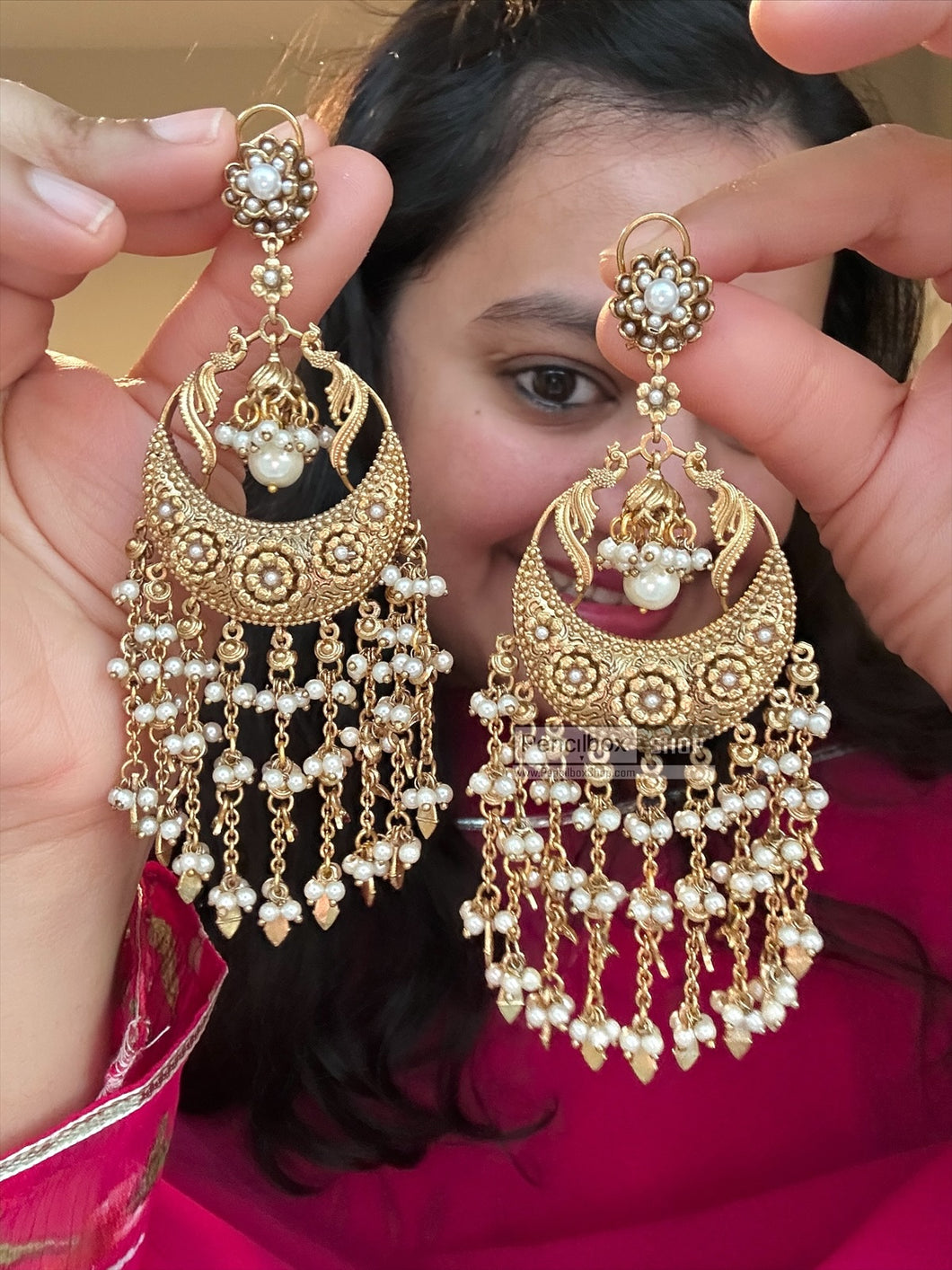 Kareena Kapoor Golden Pearl Peacock Long Dangling Ethnic earrings