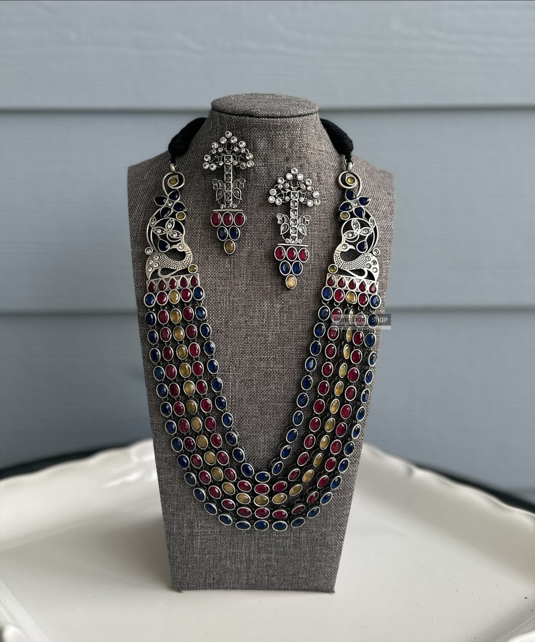 German Silver Multicolor Layered Peacock Long Statement Necklace set