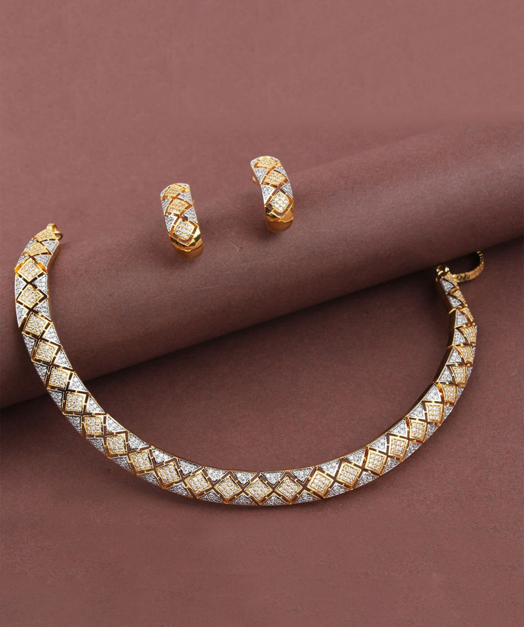 Golden Hasli American Diamond Dainty Necklace set