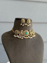 Load image into Gallery viewer, Geeta Peacock Cz Mint Golden Statement Choker necklace set
