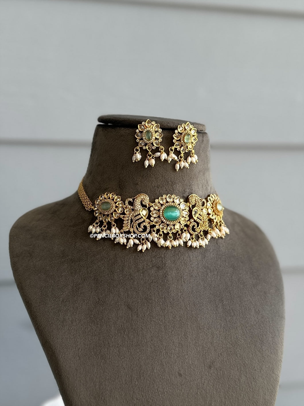 Geeta Peacock Cz Mint Golden Statement Choker necklace set