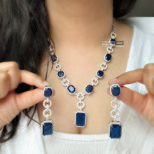 Load image into Gallery viewer, Tara-American Diamond Royal Blue Silver Finish Long Designer Necklace set
