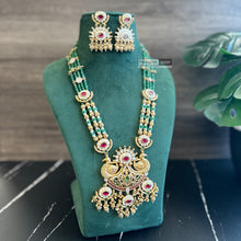 Load image into Gallery viewer, Kundan Green Beaded Long Kemp Stone Haram necklace set
