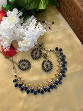 Load image into Gallery viewer, Jiya golden antique blue Kundan Polki Necklace Set with Maangtikka
