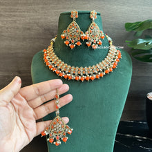 Load image into Gallery viewer, Orange Golden Polki Necklace Set with maangtikkai
