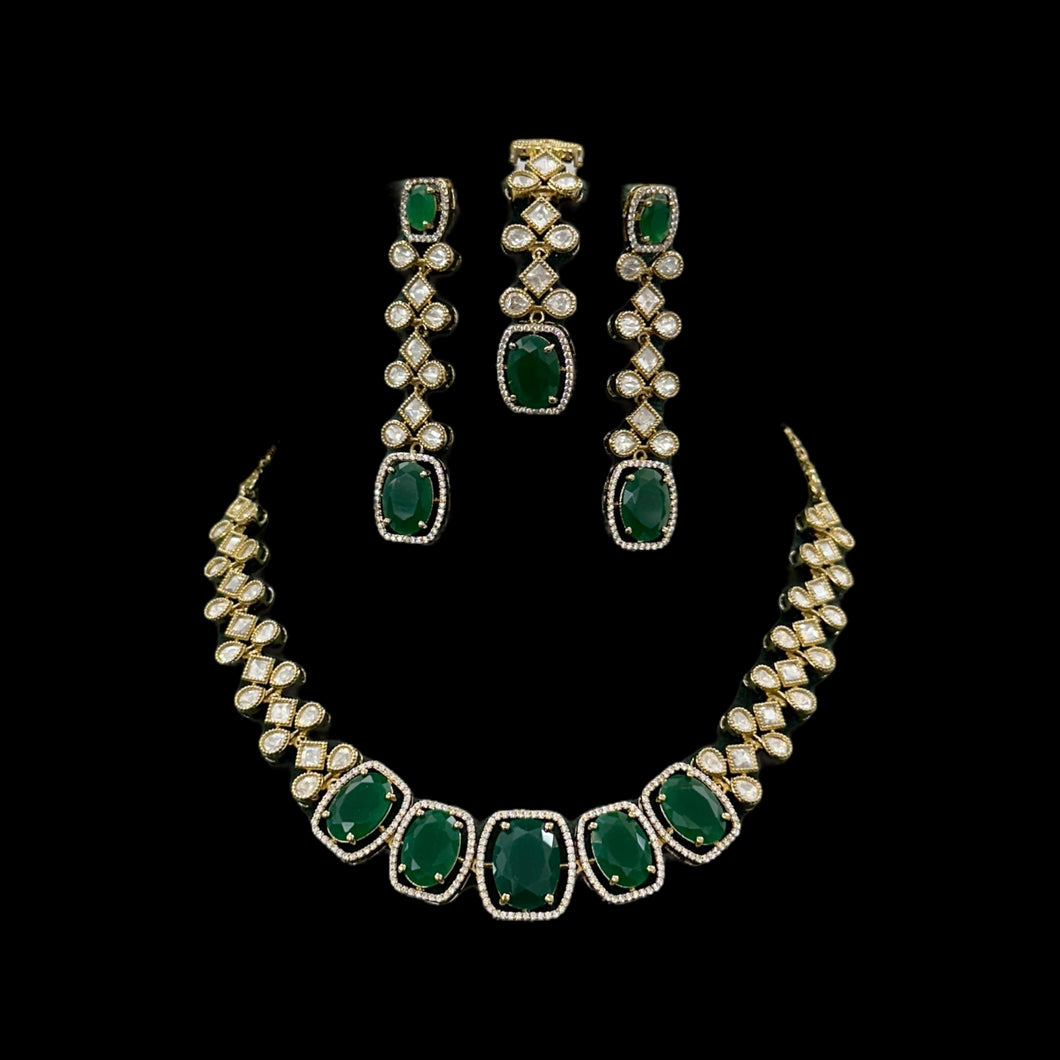 Tayani Gold plated Green Mehendi Polish Necklace set with maangtikka