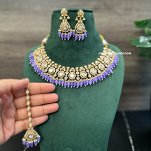 Load image into Gallery viewer, Purple 22k Gold plated Tayani Premium Statement Necklace set with maangtikka
