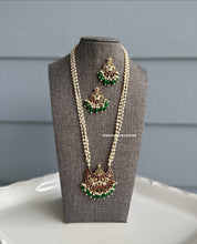 Load image into Gallery viewer, Long Pearl Golden Ruby Green kemp stone temple Necklace set
