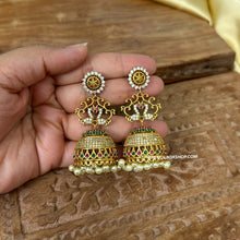 Load image into Gallery viewer, Multi Peacock Temple Gold Finish Stone Glass Stone jhumka cz earrings
