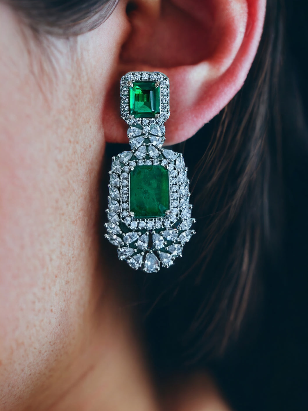 American Diamond Silver Emerald Green Cz Earrings