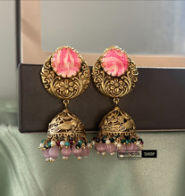 Load image into Gallery viewer, Jaguar inspired Pink Multicolor Stone Jhumka earrings
