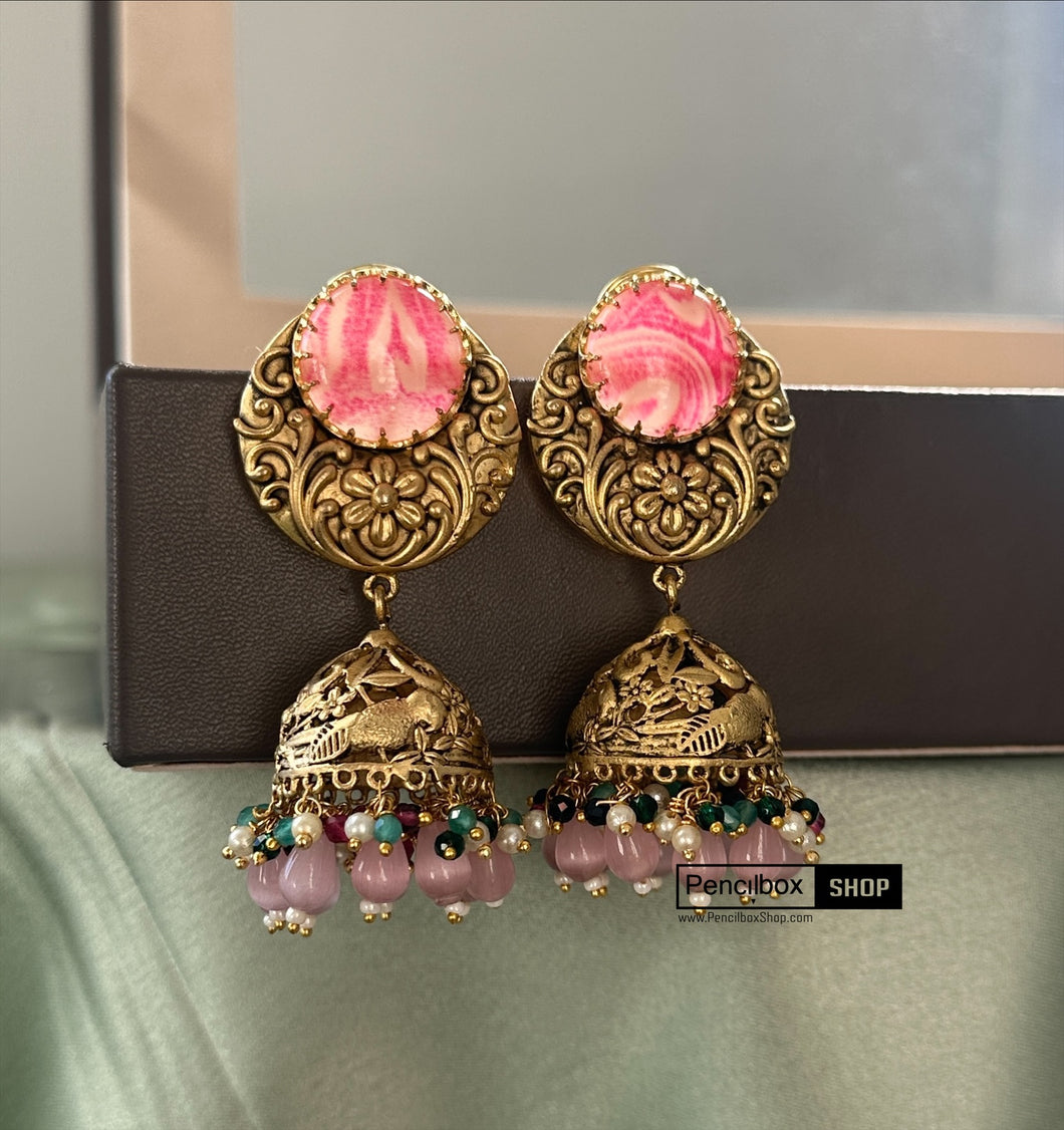 Jaguar inspired Pink Multicolor Stone Jhumka earrings