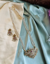 Load image into Gallery viewer, Long Pearl Golden Ruby Green Peacock kemp stone temple Necklace set
