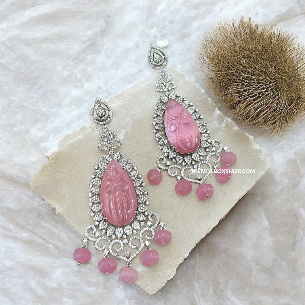 Pink Carved Stone American Diamond Silver Statement Designer Earrings