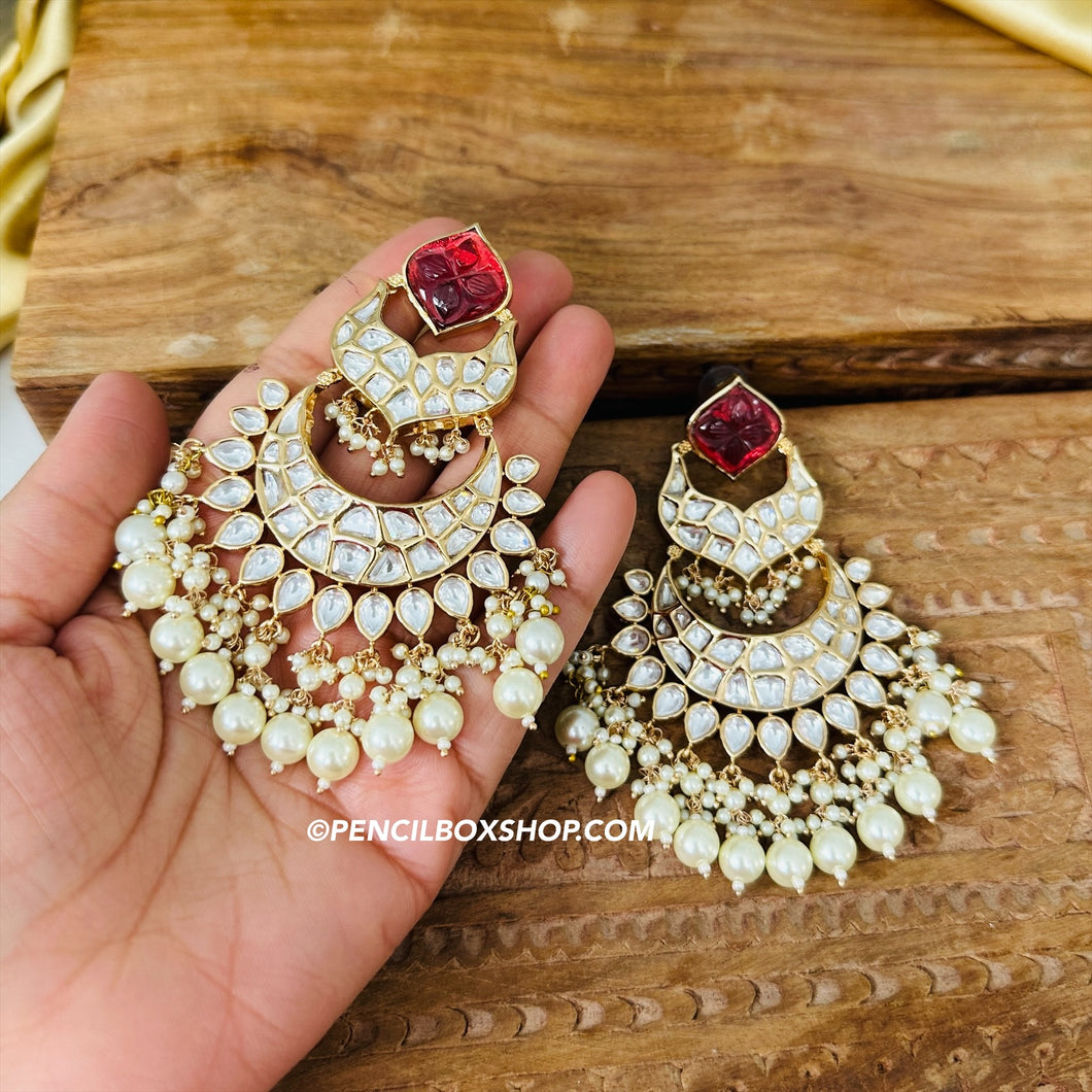 Tayani Kundan gold plated Carved Ruby Dangling chandbali earrings