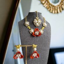 Load image into Gallery viewer, Nandi Contemporary Designer orange Flower Natural Stone Necklace set with maangtikka
