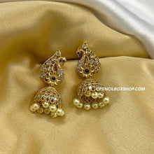 Load image into Gallery viewer, Peacock multicolor cz Pearl drop Indian jhumka ethnic earrings
