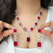 Load image into Gallery viewer, Tara-American Diamond Red Silver Finish Long Designer Necklace set
