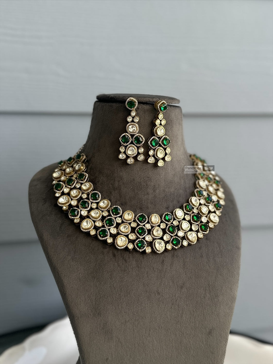 Emerald Green Golden Designer Moissanite Necklace set