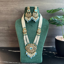 Load image into Gallery viewer, Firozi Sky blue Golden Polki Long Necklace Set
