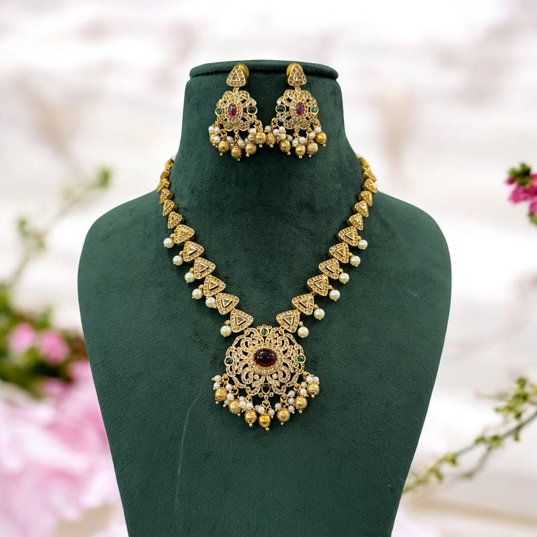 Multicolor Kemp Stone cz Golden Pearl Temple jewelry set