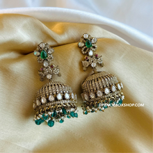 Load image into Gallery viewer, Green Moissanite Peacock antique golden Jhumki earrings
