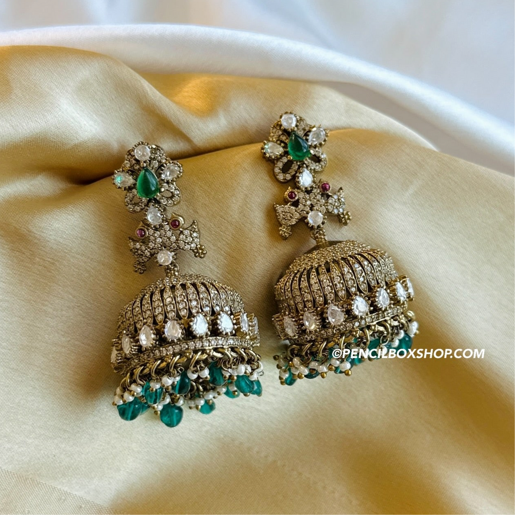 Green Moissanite Peacock antique golden Jhumki earrings