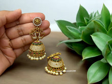 Load image into Gallery viewer, Multi Peacock Temple Gold Finish Stone Glass Stone jhumka cz earrings
