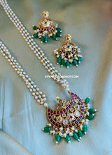 Load image into Gallery viewer, Long Pearl Golden Ruby Green kemp stone temple Necklace set
