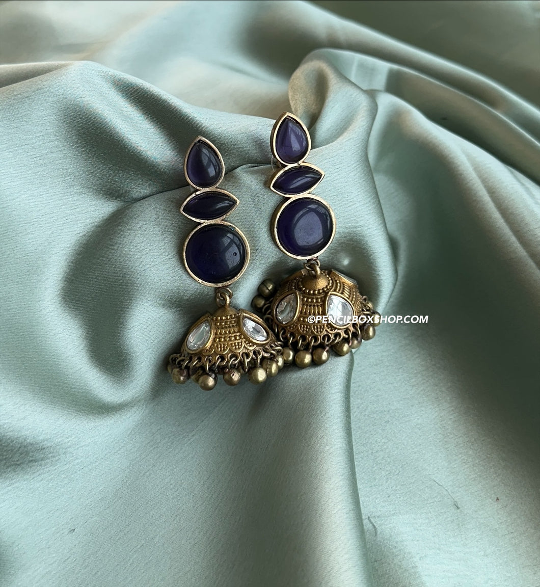 Purple German silver Ghungroo Stone antique Jhumka earrings