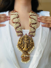 Load image into Gallery viewer, Lakshmi ji  Pearls Ruby Kemp Stone Grand Bridal Designer Statement Haram Temple Necklace set Jewelry
