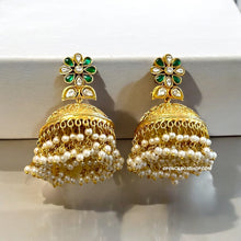 Load image into Gallery viewer, Pachi Kundan Green White Big Pearl Brass Jhumka earrings
