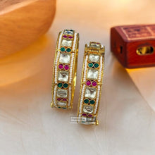 Load image into Gallery viewer, Set of 2 Bangles Ruby Green White Square Pachi Kada
