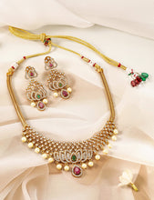 Load image into Gallery viewer, Golden Multicolor Lotus Cz Simple Temple necklace set
