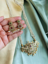 Load image into Gallery viewer, Long Pearl Golden Ruby Green Peacock kemp stone temple Necklace set
