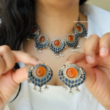 Load image into Gallery viewer, German Silver orange Blue Statement Necklace set
