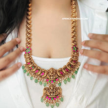 Load image into Gallery viewer, Lakshmi ji Pachi Kundan Double pendant long haram necklace set
