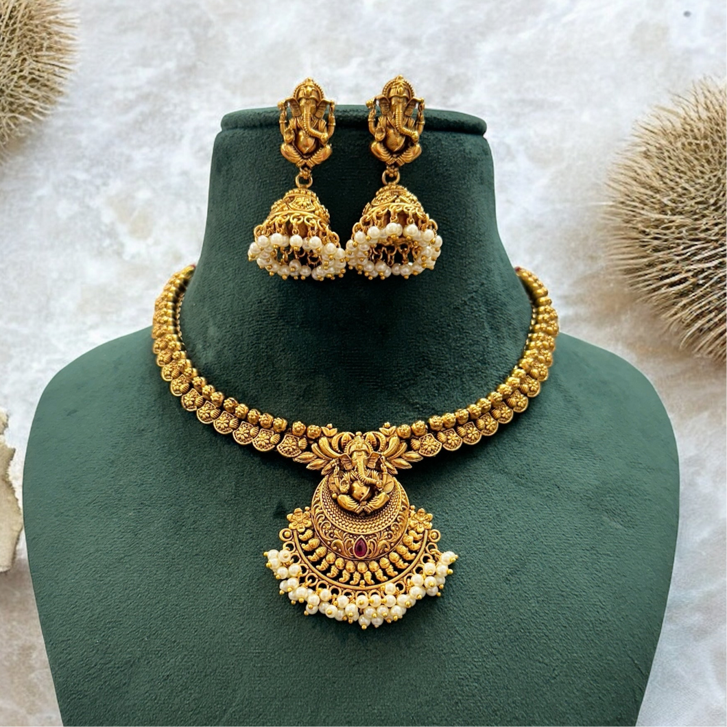 Ganesha golden Dainty Temple Necklace set