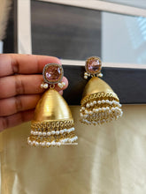 Load image into Gallery viewer, German silver Glass stone Big Golden Jhumka earrings
