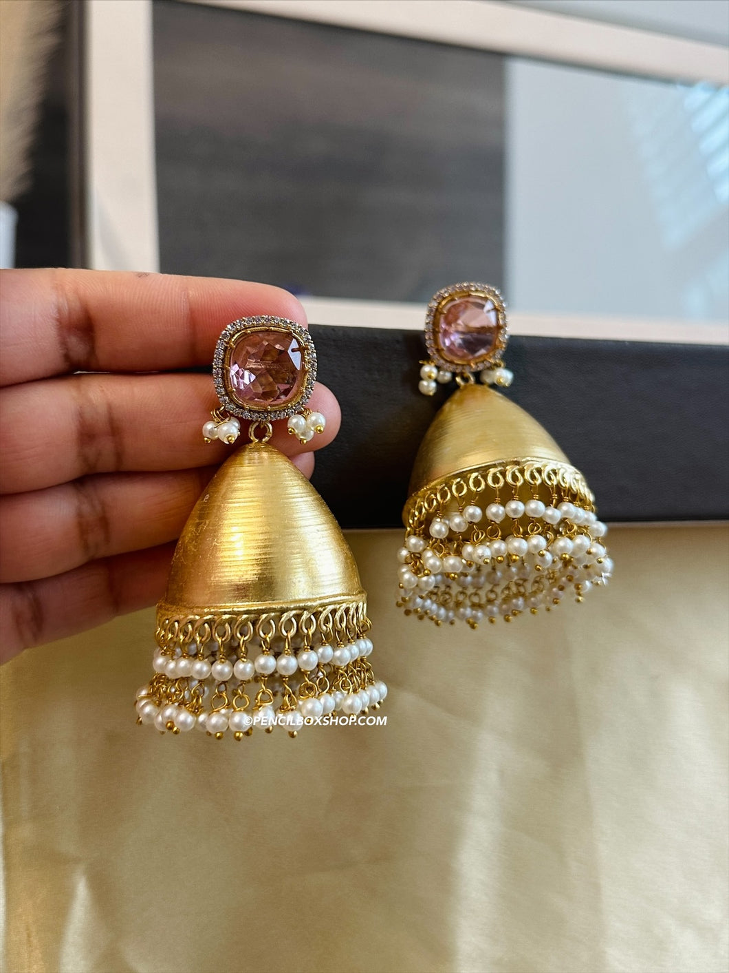 German silver Glass stone Big Golden Jhumka earrings