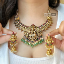 Load image into Gallery viewer, Lakshmi ji Kemp Stone Pearl Statement Temple Necklace set
