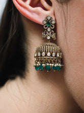 Load image into Gallery viewer, Green Moissanite Peacock antique golden Jhumki earrings
