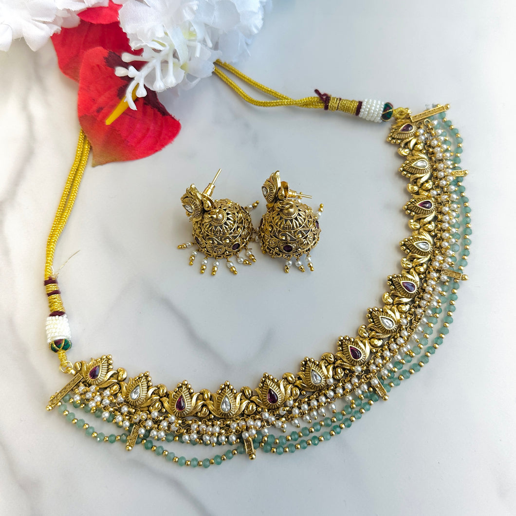 Ruby white Ethnic Gold Mint Temple necklace set