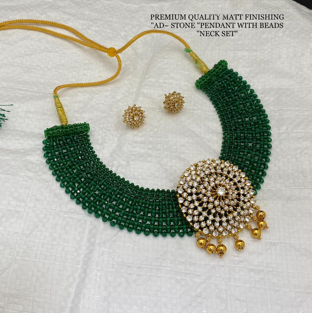 Vani Green Hydro Beads Cz Golden Big Pendant Necklace set