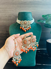 Load image into Gallery viewer, Zoe Orange Pearl Polki choker set with maangtikka
