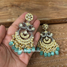 Load image into Gallery viewer, Tayani Kundan gold plated Peacock Mint chandbali earrings
