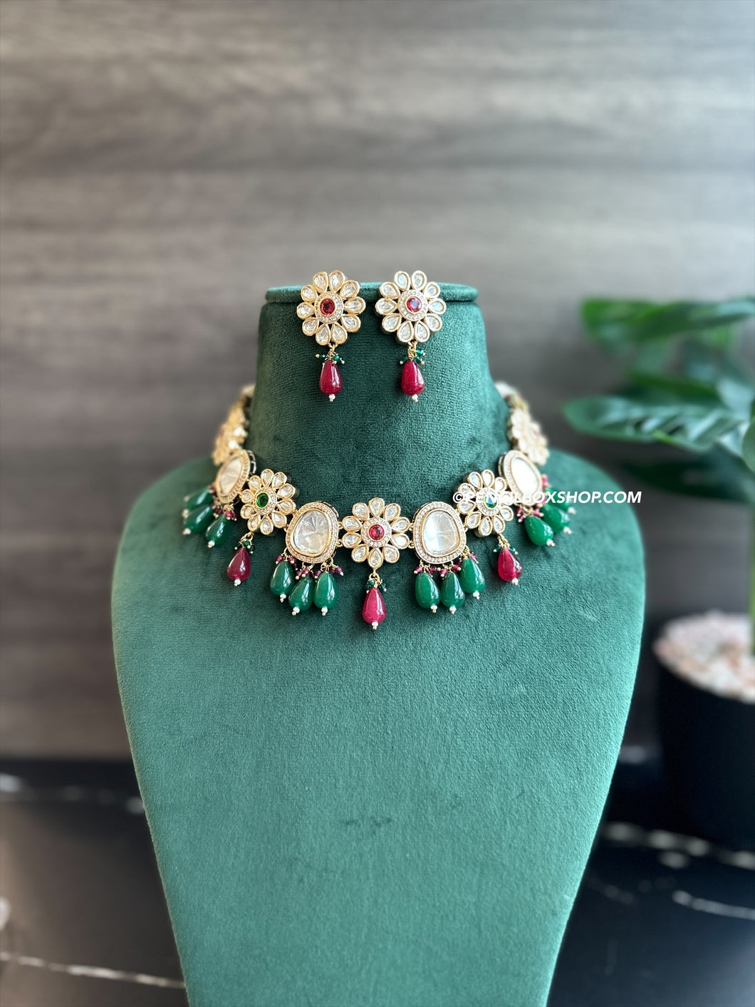 Ruby green Dainty Uncut Kundan American Diamond Necklace set